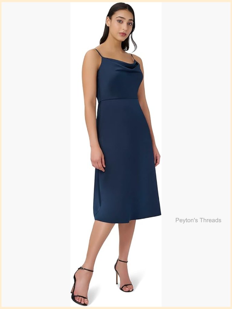 Satin Cowl Neck Midi Dress A-Line Zipper Back